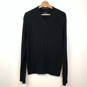 Zegna Sport Sweater Silk Wool Black Sz Large V Neck Ribbed Soft Quiet Luxury